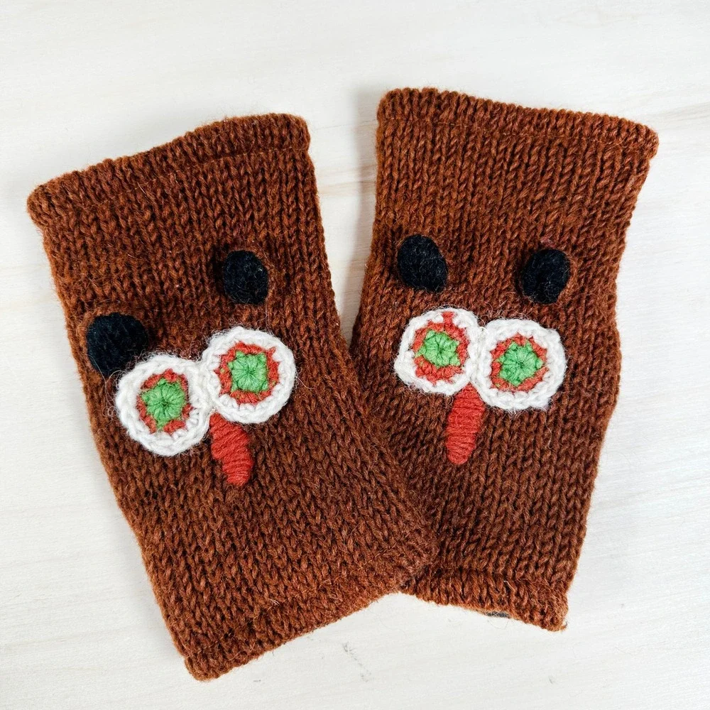 Owl Knot Fingerless Wool Mittens Fleece‎ Lined Made In Nepal Brown